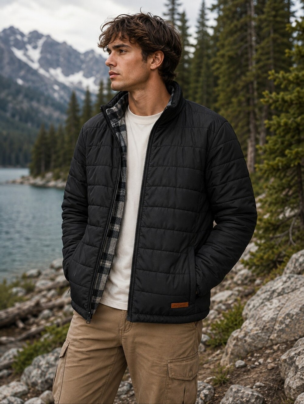 Voyager Men’s Large Black Quilted Jacket Plaid Fleece Lined Outdoor Coat